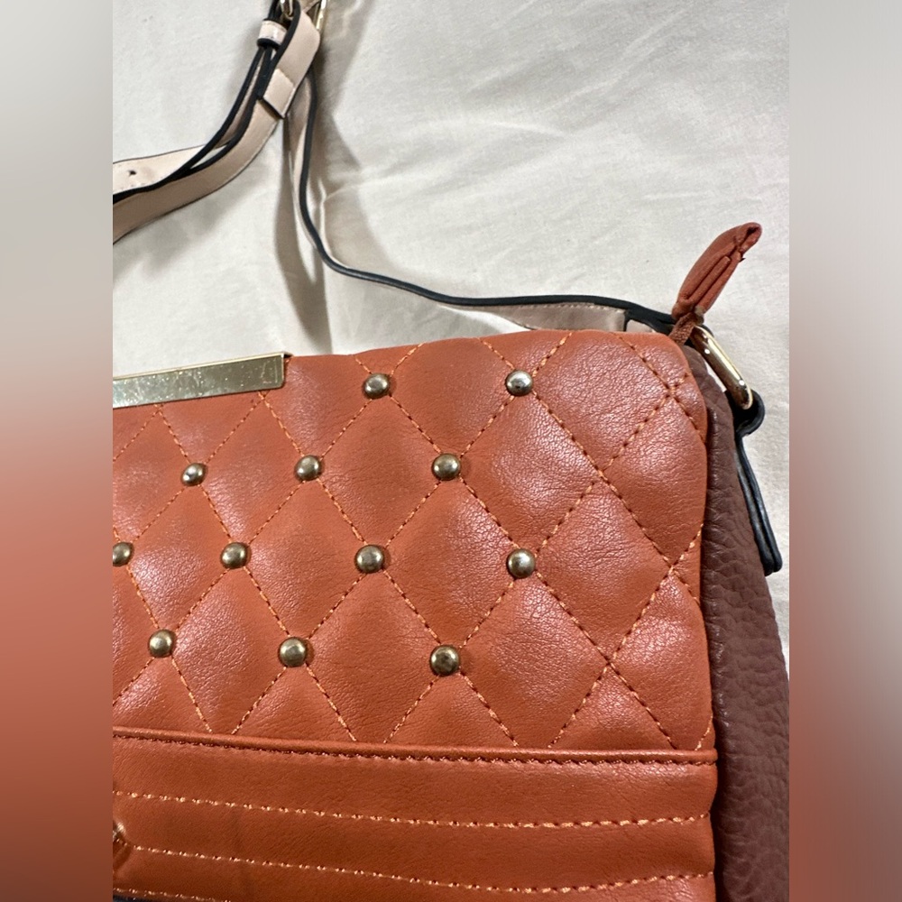 Baby phat Y2K Cognac Brown Studded Quilted Leather Crossbody Purse Pink Liner - Picture 12 of 16